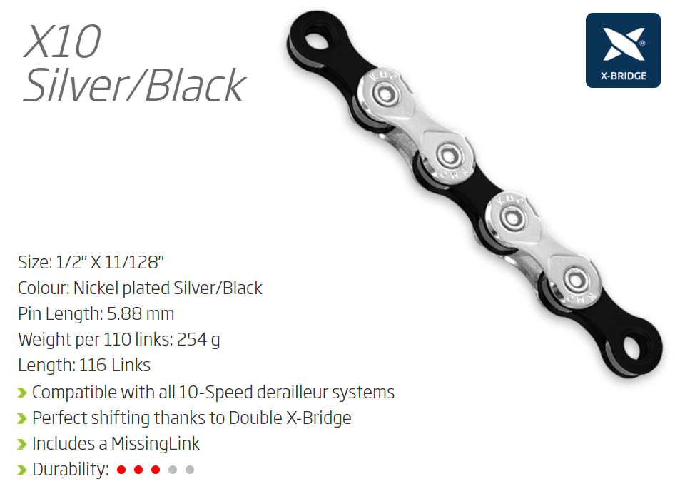 KMC X10 10 speed bicycle chain, 116 links, silver and black, with connect link
