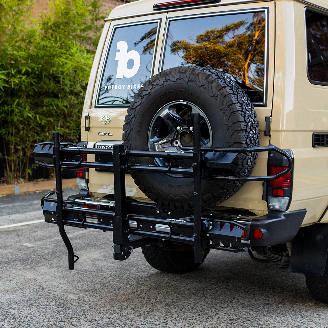Fatboy Bang Bang dual e-bike carrier rear view fitted to a car