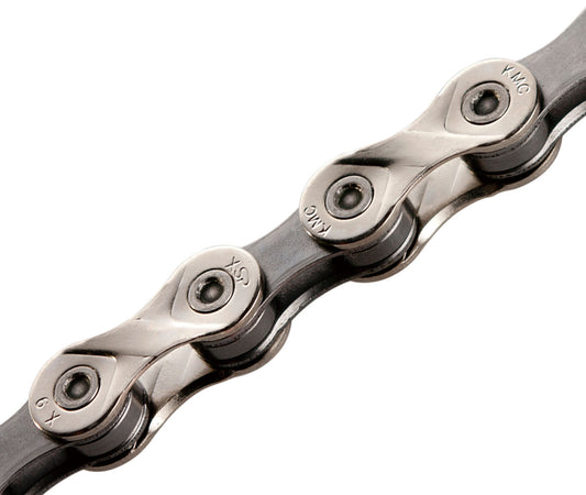 KMC X9 9 speed bicycle chain, 116 links, silver and grey finish, with connect link