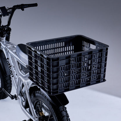 Fatboy Bang Bang crate fitted to the rear rack of a Fatboy V3 e-bike