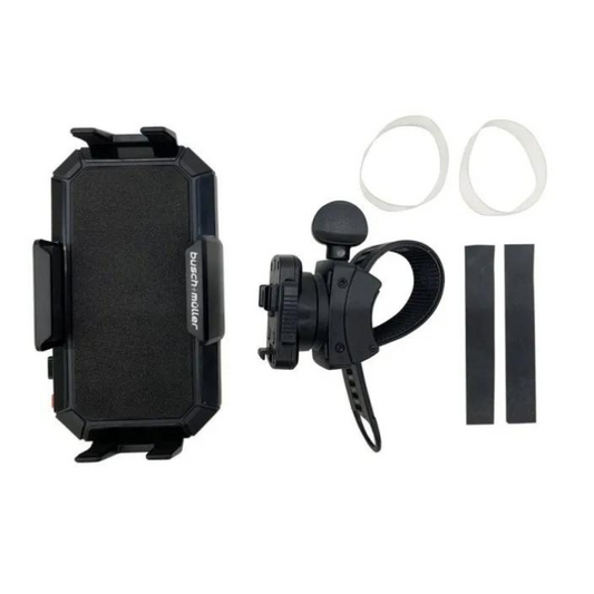 Busch & Müller Universal Phone Holder shown mounted on bicycle handlebar