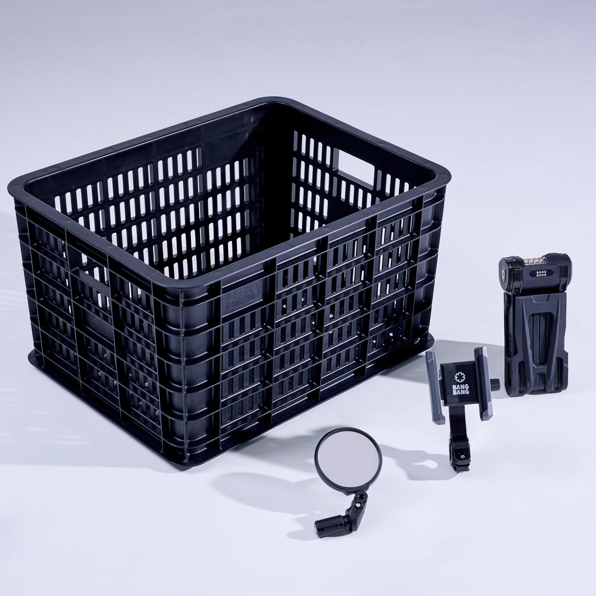 Fatboy Large Accessories Pack — crate, mirror, phone holder and folding lock fitted to a Fatboy