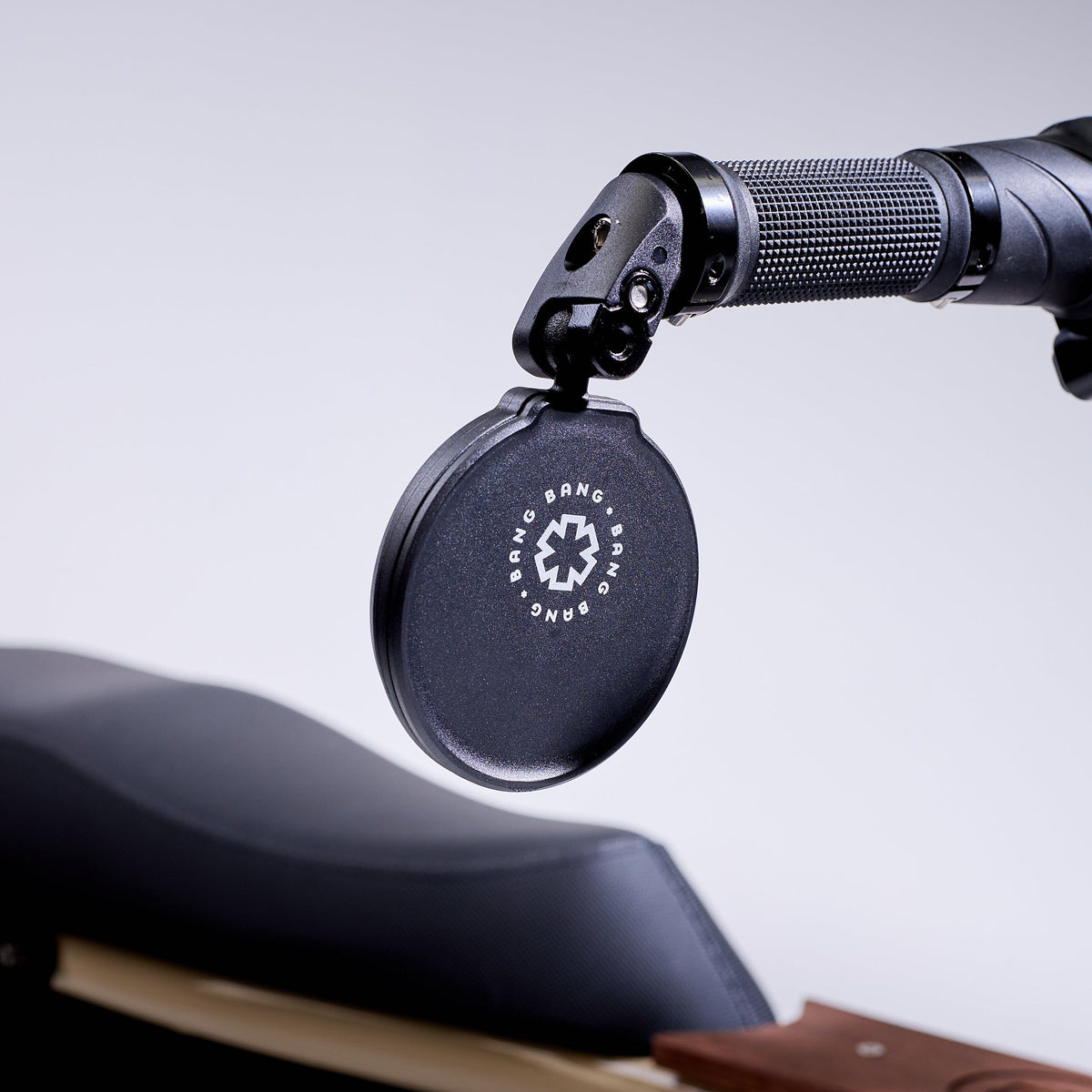 Fatboy Bang Bang handlebar mirror close-up showing adjustable arm