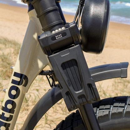 Fatboy Bang Bang folding lock mounted in its frame bracket on an e-bike
