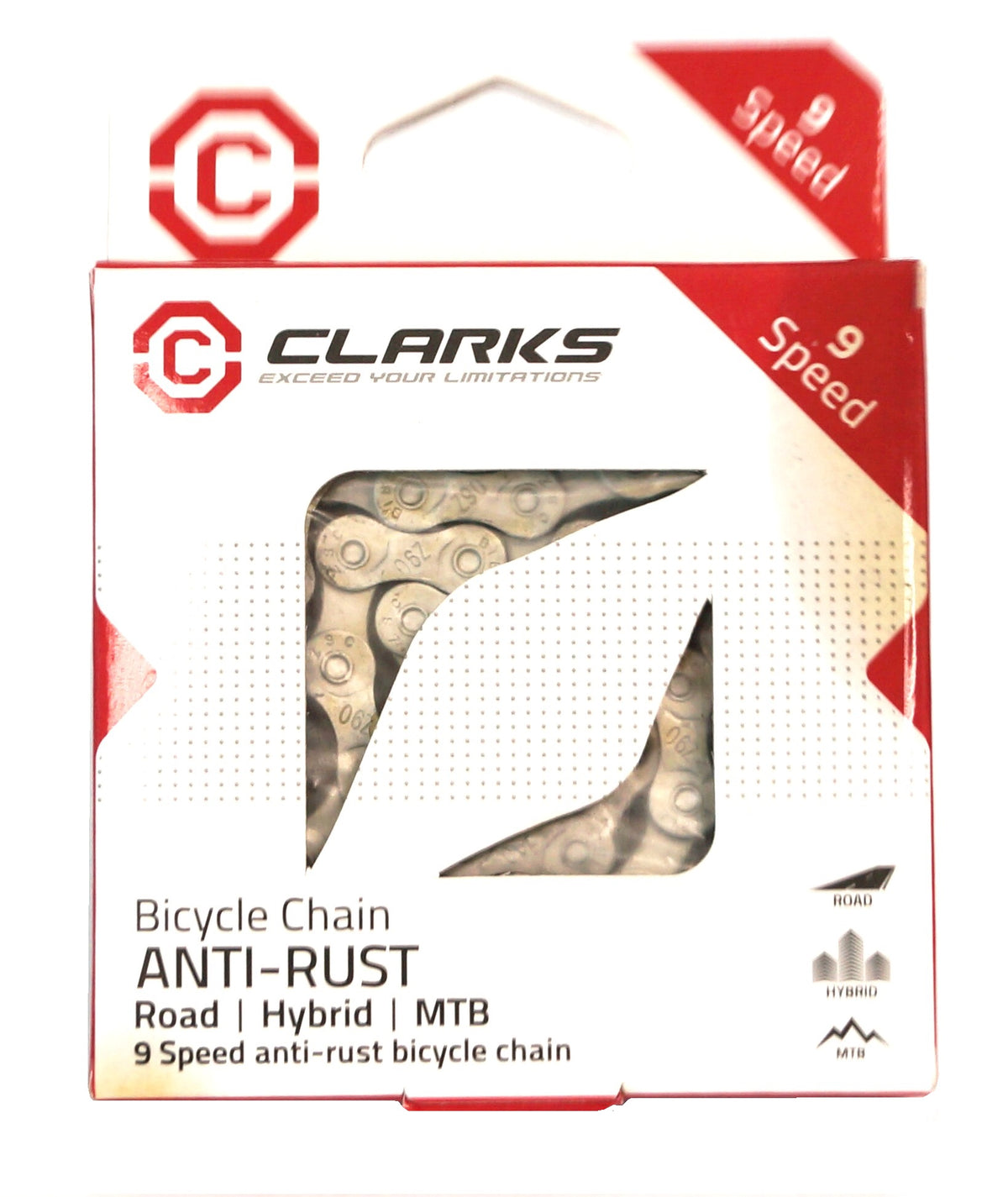 Clarks 9 speed chain, silver, anti-rust, with connect link