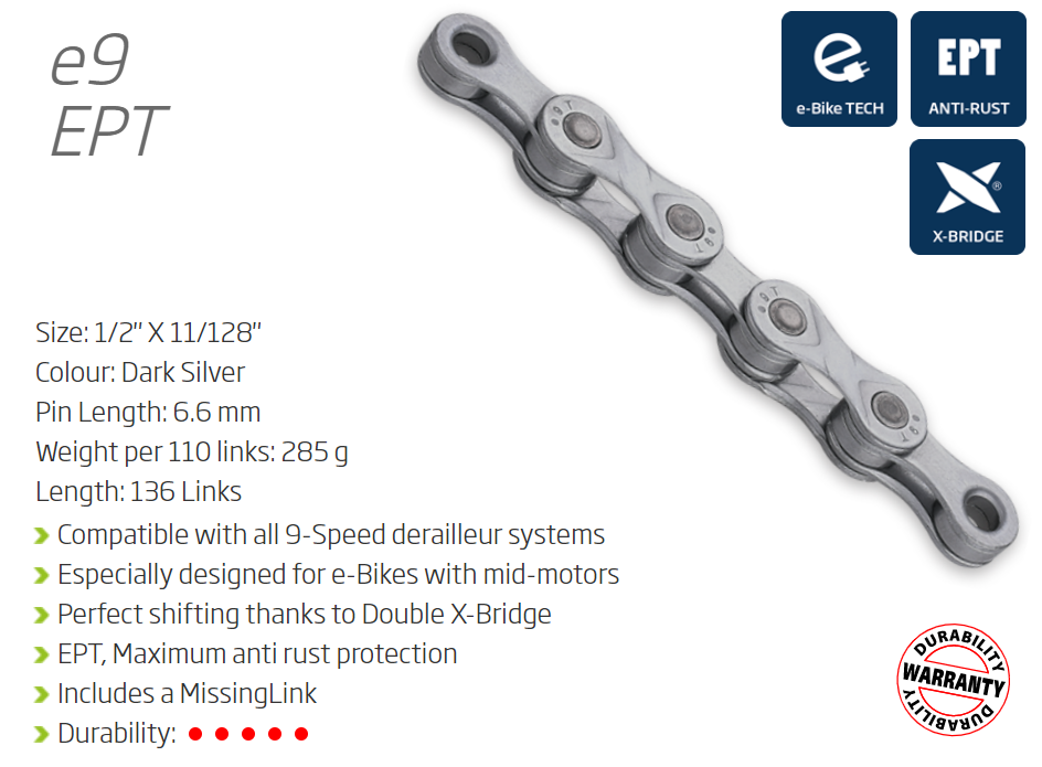 KMC E9 EPT 9 speed e-bike chain, 136 links, dark silver