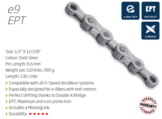 KMC E9 EPT 9 speed e-bike chain, 136 links, dark silver