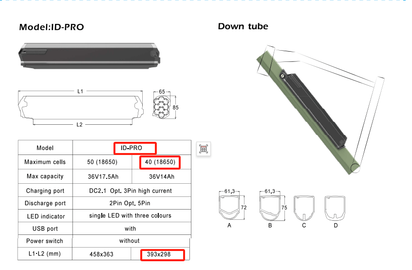 36V 14Ah / 504Wh Dorado 393mm Dorado Samsung eBike Battery CPGRD36-14 - Image 5