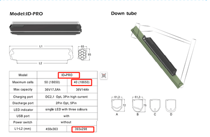 36V 14Ah / 504Wh Dorado 393mm Dorado Samsung eBike Battery CPGRD36-14 - Image 5