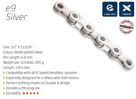 KMC E9 9 speed e-bike chain, 136 links, silver, with connect link
