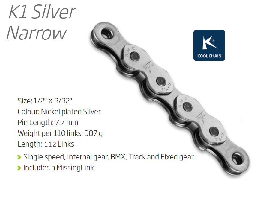KMC K1 single speed chain, 112 links, silver