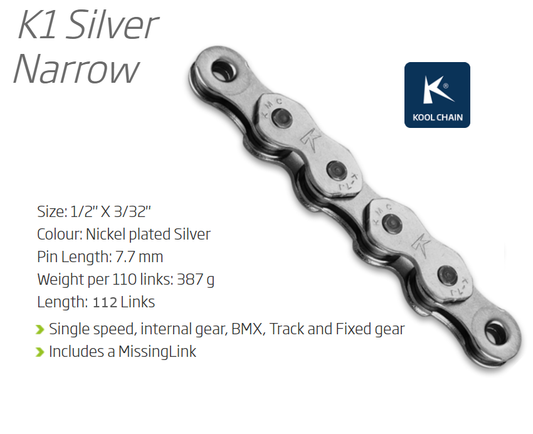 KMC K1 single speed chain, 112 links, silver