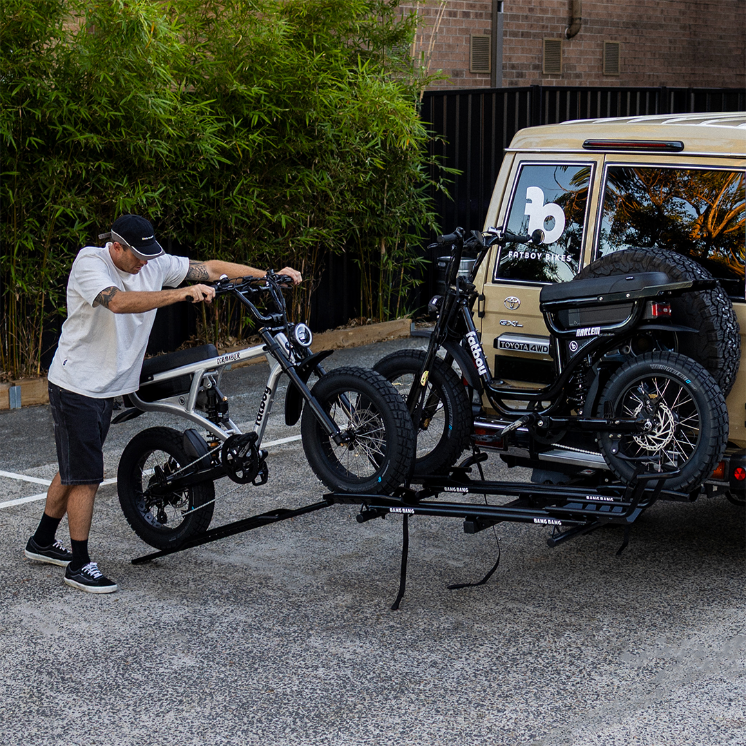 Fatboy Bang Bang dual e-bike car carrier with loading ramp deployed