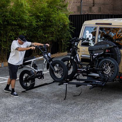 Fatboy Bang Bang dual e-bike car carrier with loading ramp deployed