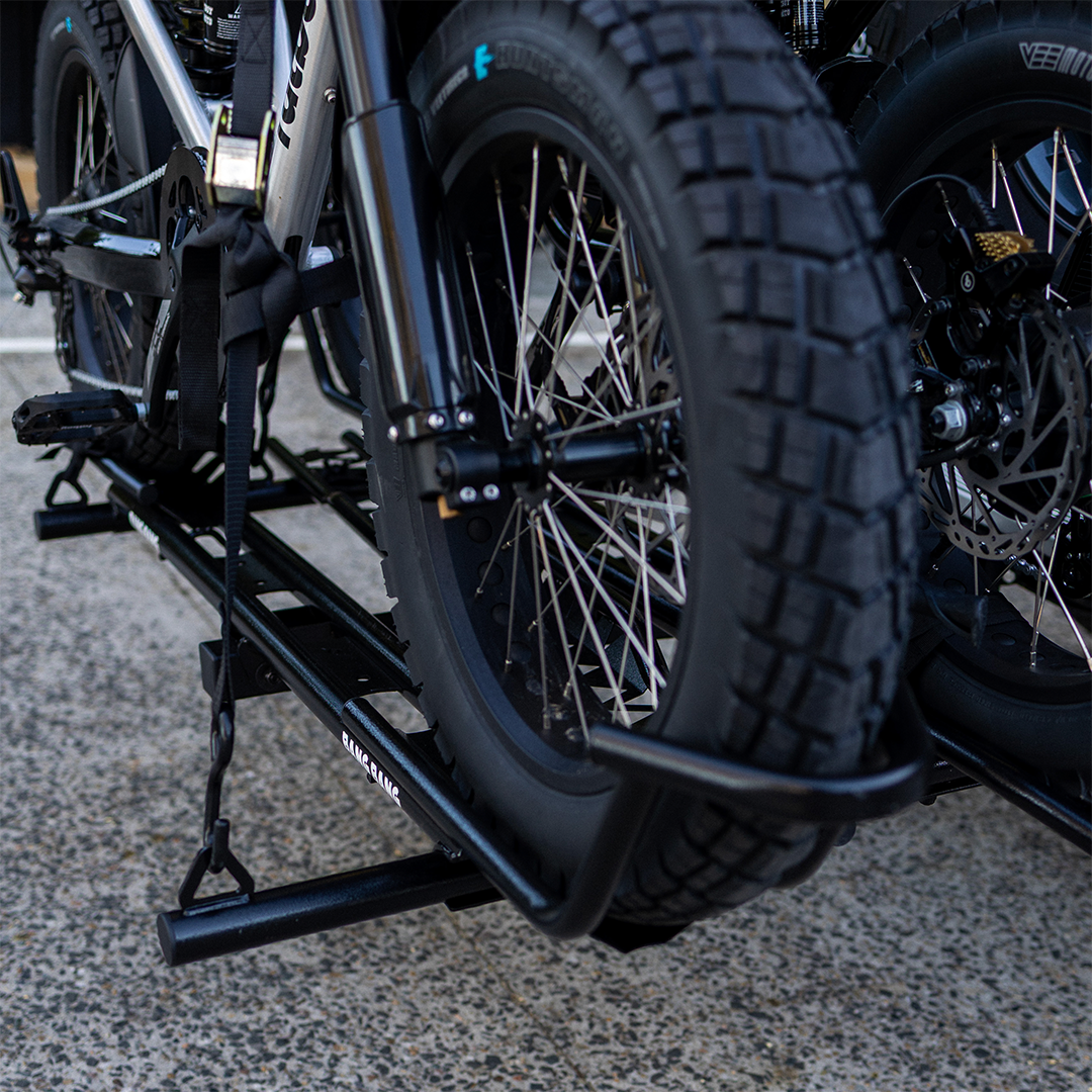 Fatboy Bang Bang dual e-bike carrier wheel tray and strap detail