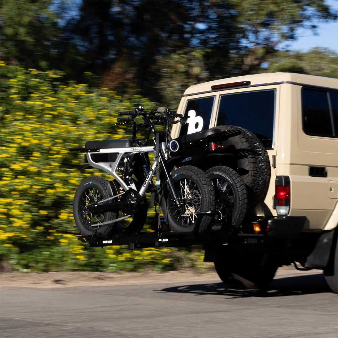 Bang Bang dual e-bike towball car carrier loaded with two fat tyre e-bikes