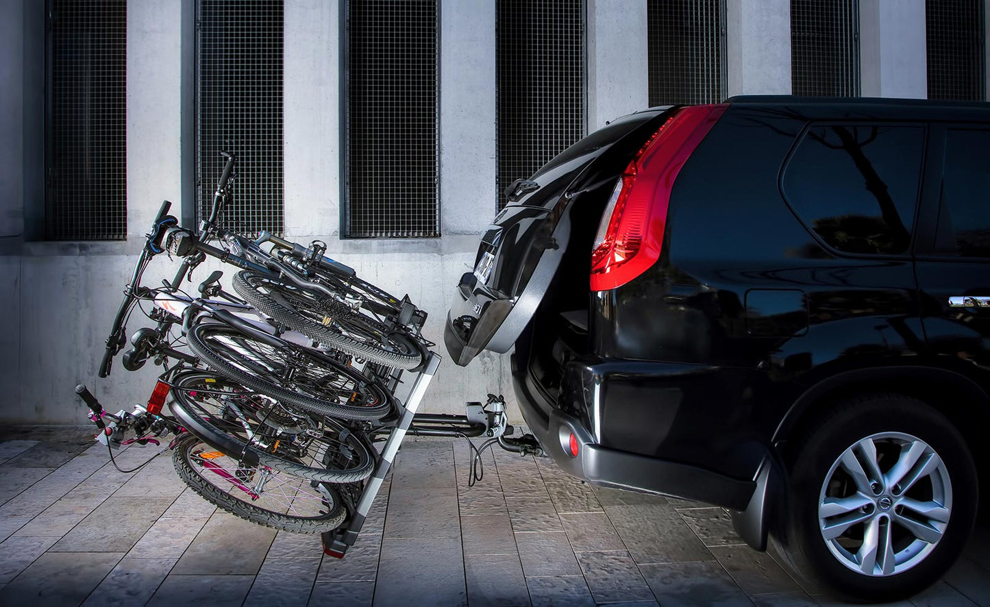 Buzzrack Eazzy 4 tilted down for boot access with bikes loaded