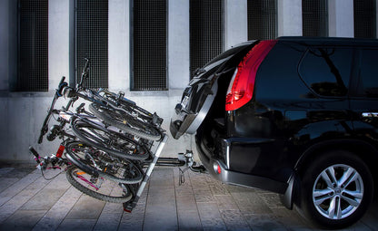 Buzzrack Eazzy 4 tilted down for boot access with bikes loaded