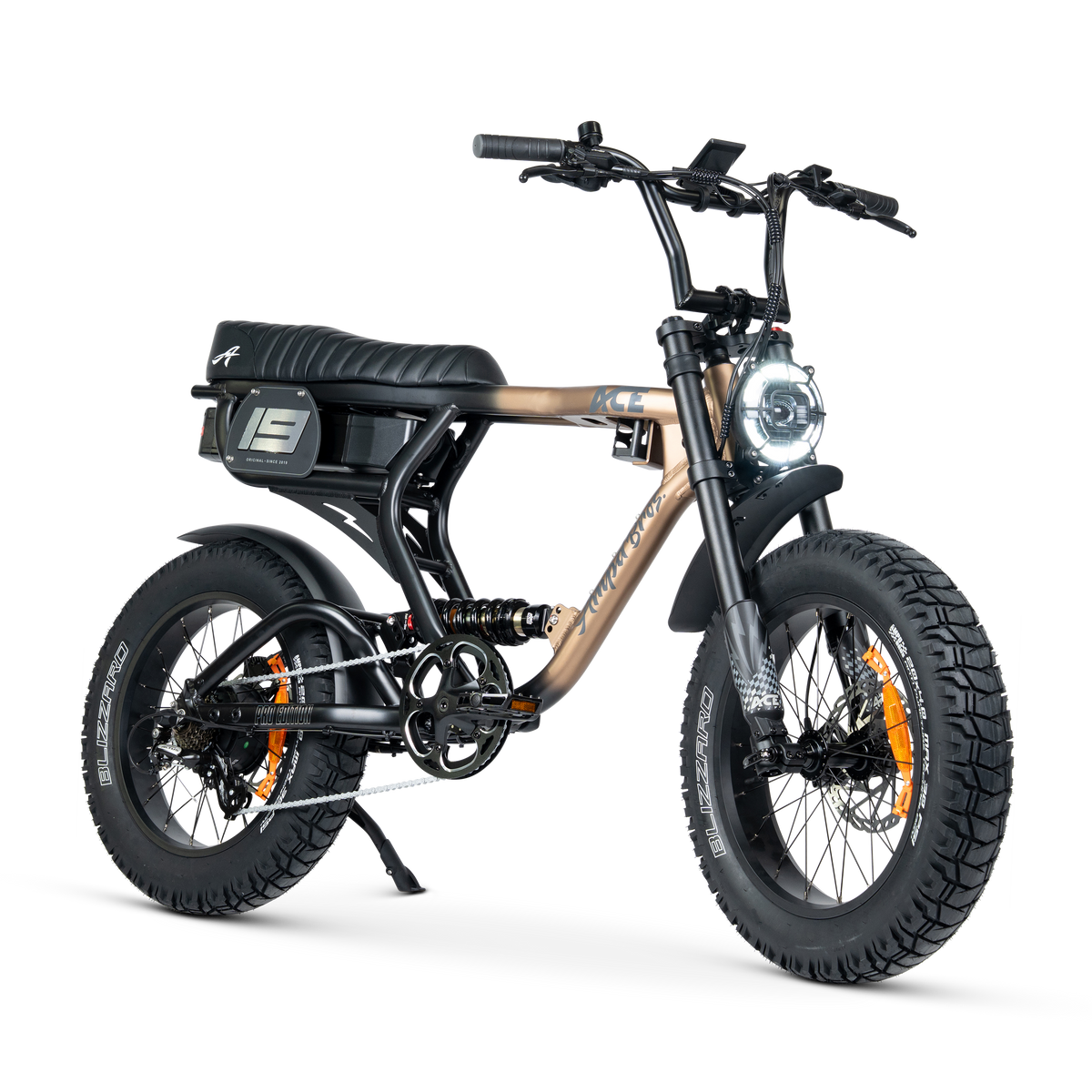 Ampd Bros ACE-X Pro step-over dual suspension e-bike in Bronze Eclipse