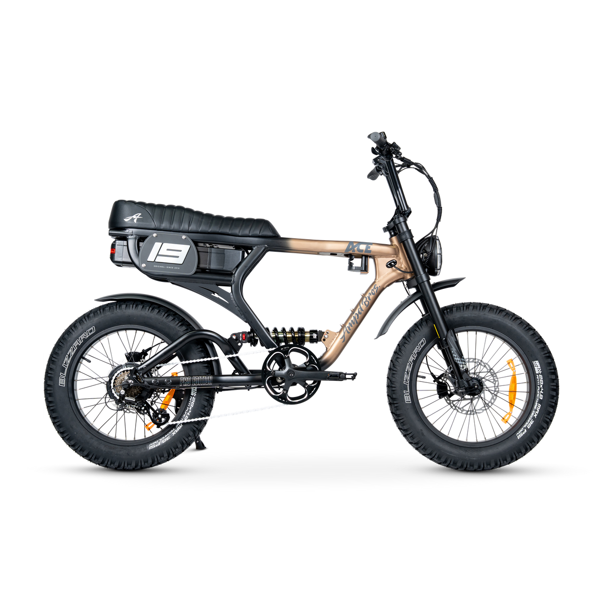 Ampd Bros ACE-X Pro dual suspension e-bike in Bronze Eclipse, side view