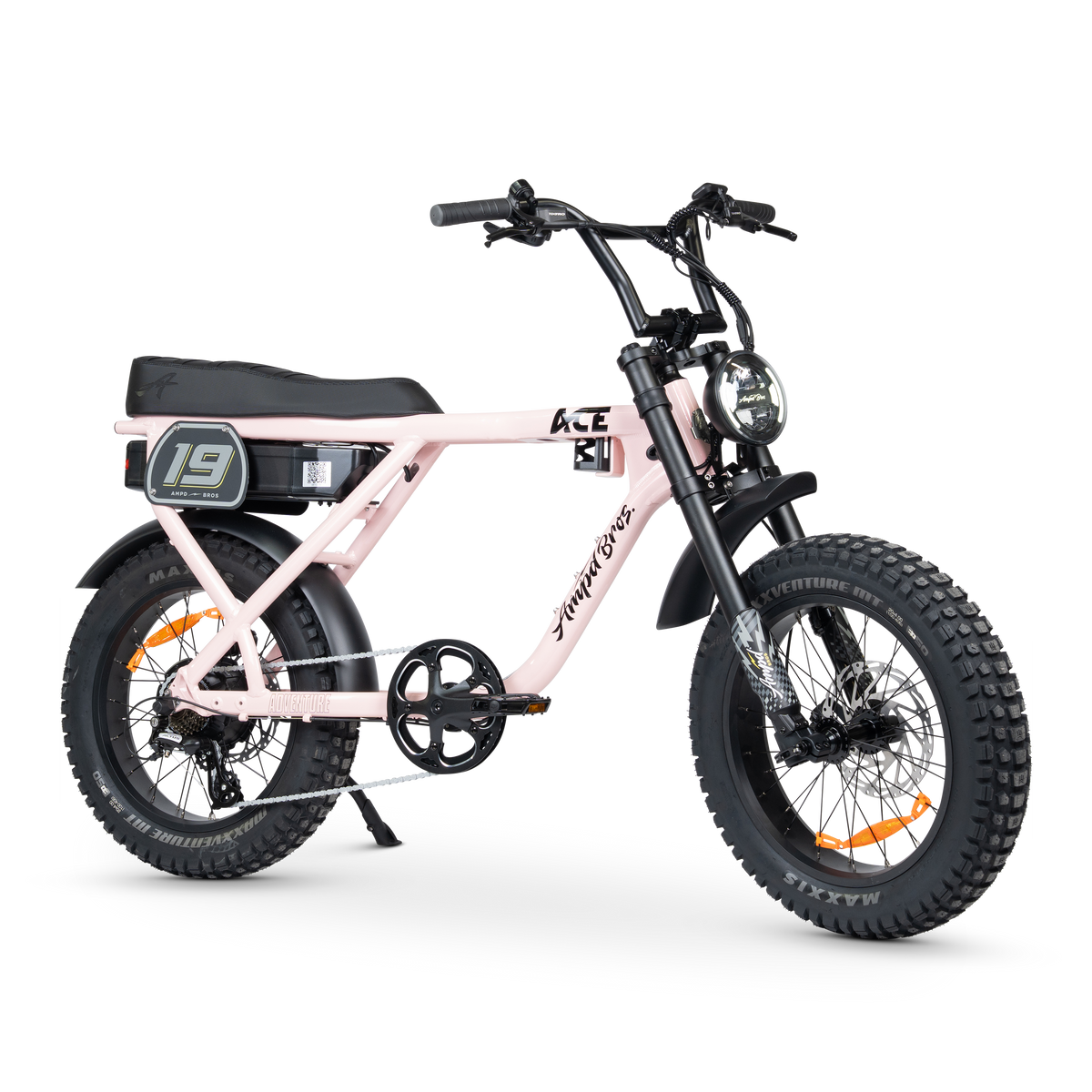Ampd Bros ACE-X Adventure step-over fat tyre e-bike in Pale Pink