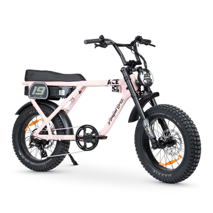 Ampd Bros ACE-X Adventure step-over fat tyre e-bike in Pale Pink