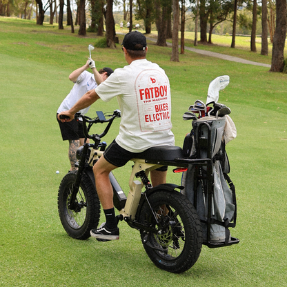 Fatboy golf club carrier fitted to a Fatboy e-bike with golf bag loaded