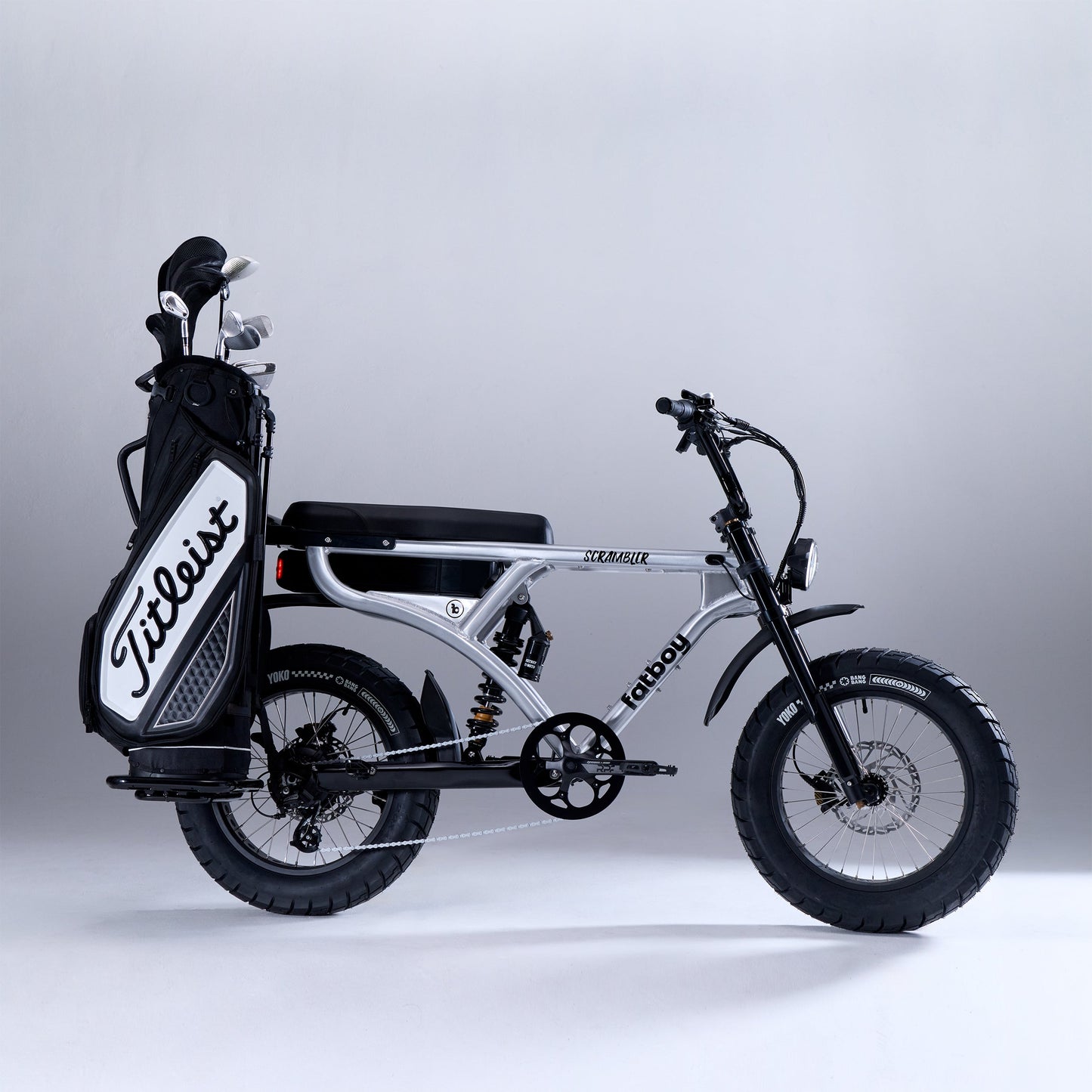 Fatboy golf club carrier mounted to a fat tyre e-bike