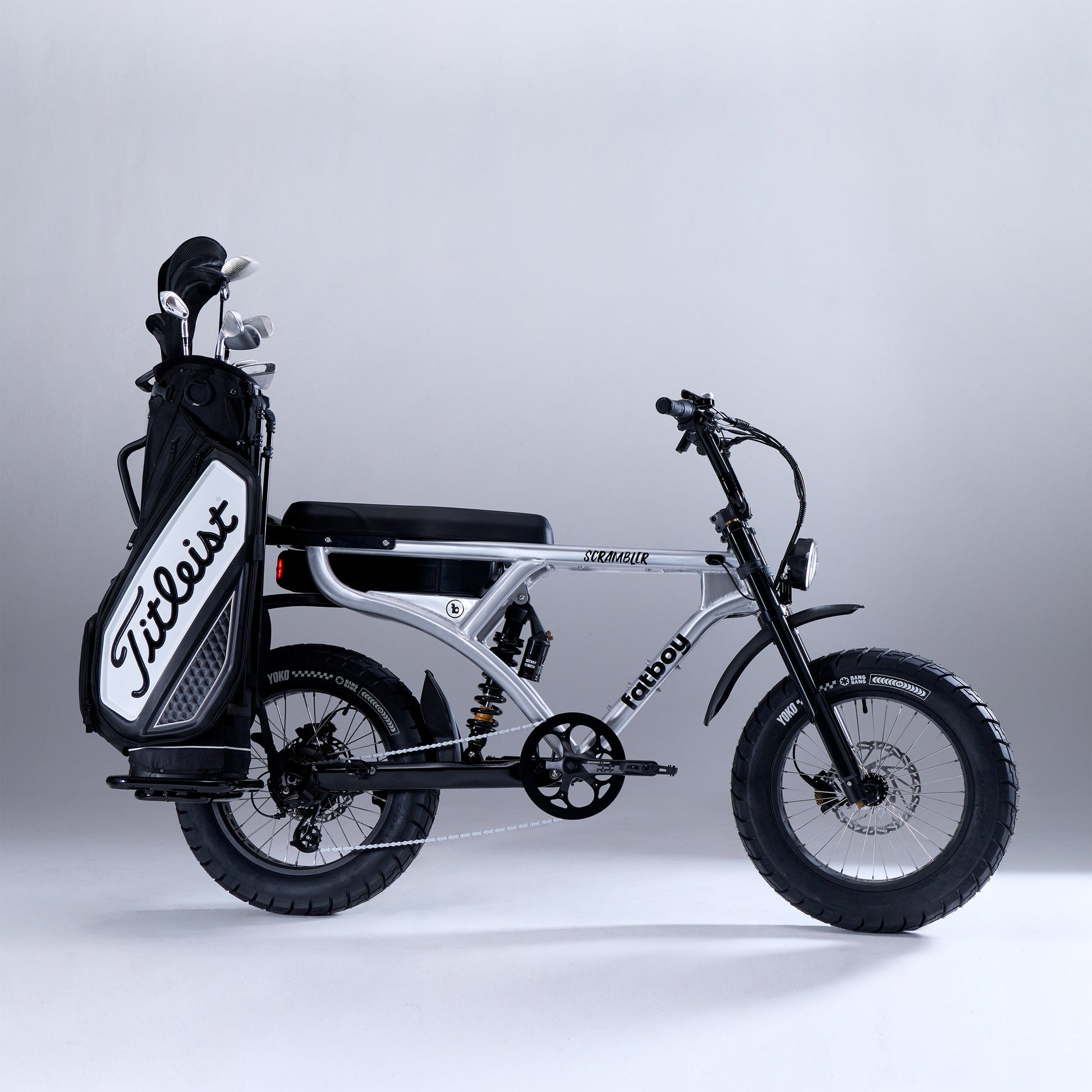 Fatboy golf club carrier mounted to a fat tyre e-bike