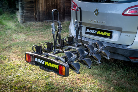Buzzrack Buzzybee 4 loaded with four bikes outdoors