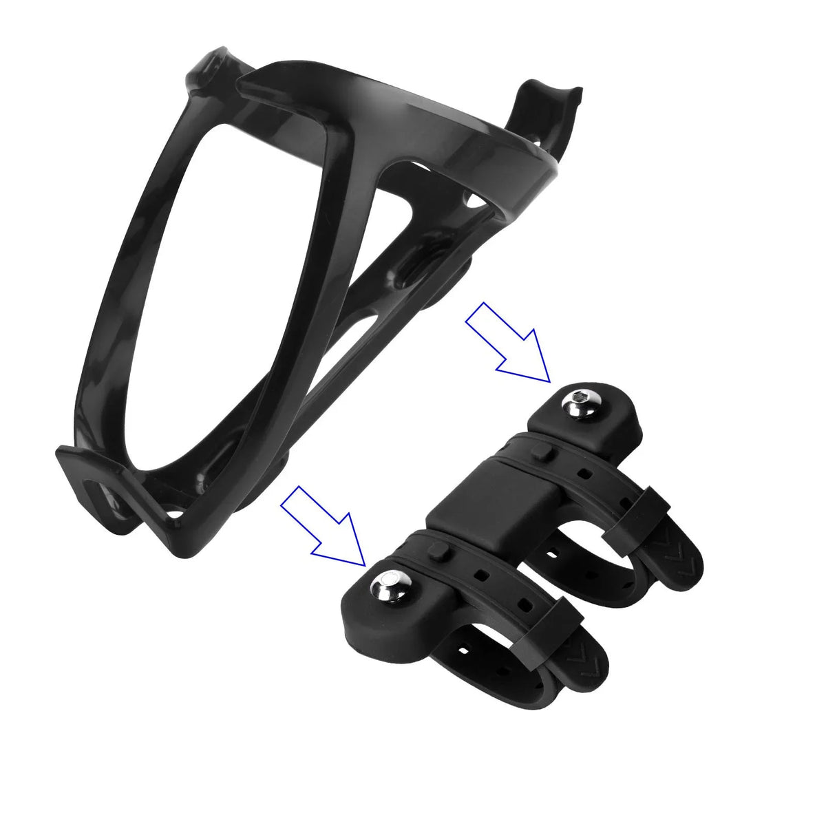 Strap-on bottle cage mount adapter shown with a standard bottle cage