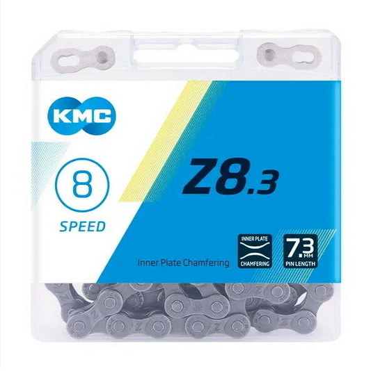KMC Z8.3 Silver bicycle chain, 6-8 speed, 116 links, 1/2 x 3/32 inch, 7.3mm pin length, with MissingLink connector