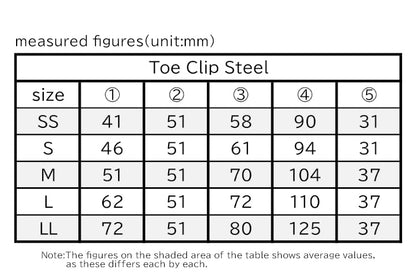 MKS steel toe clip size chart showing dimensions for each size