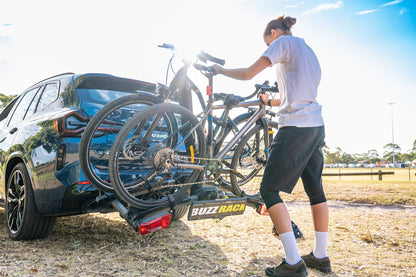 Buzzrack E-Scorpion 2 loaded with two e-bikes on vehicle