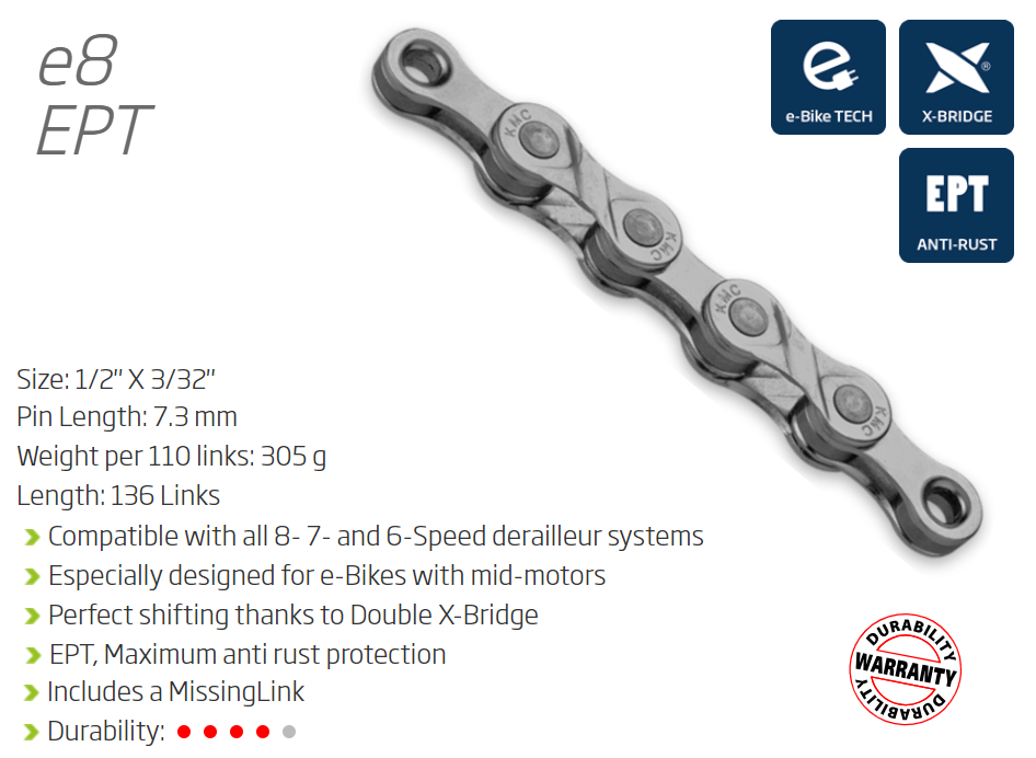KMC E8 Turbo EPT 8-speed e-bike chain 136 links