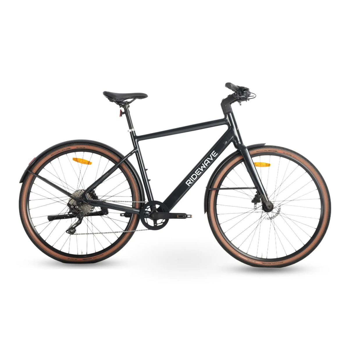 Ridewave Glide road e-bike in matte black, side view showing slim frame and rear hub motor