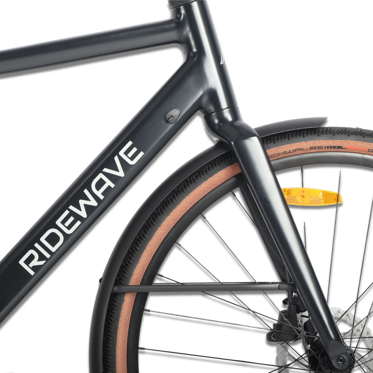 Ridewave Glide road e-bike front fork and wheel detail