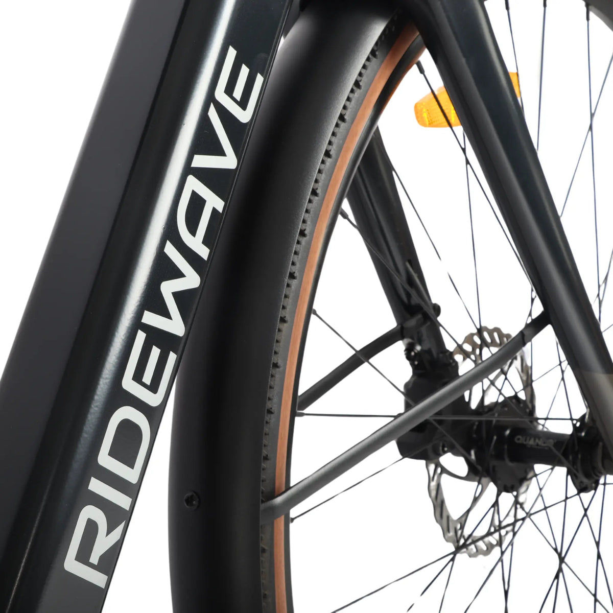 Ridewave Glide road e-bike front wheel and road tyre detail