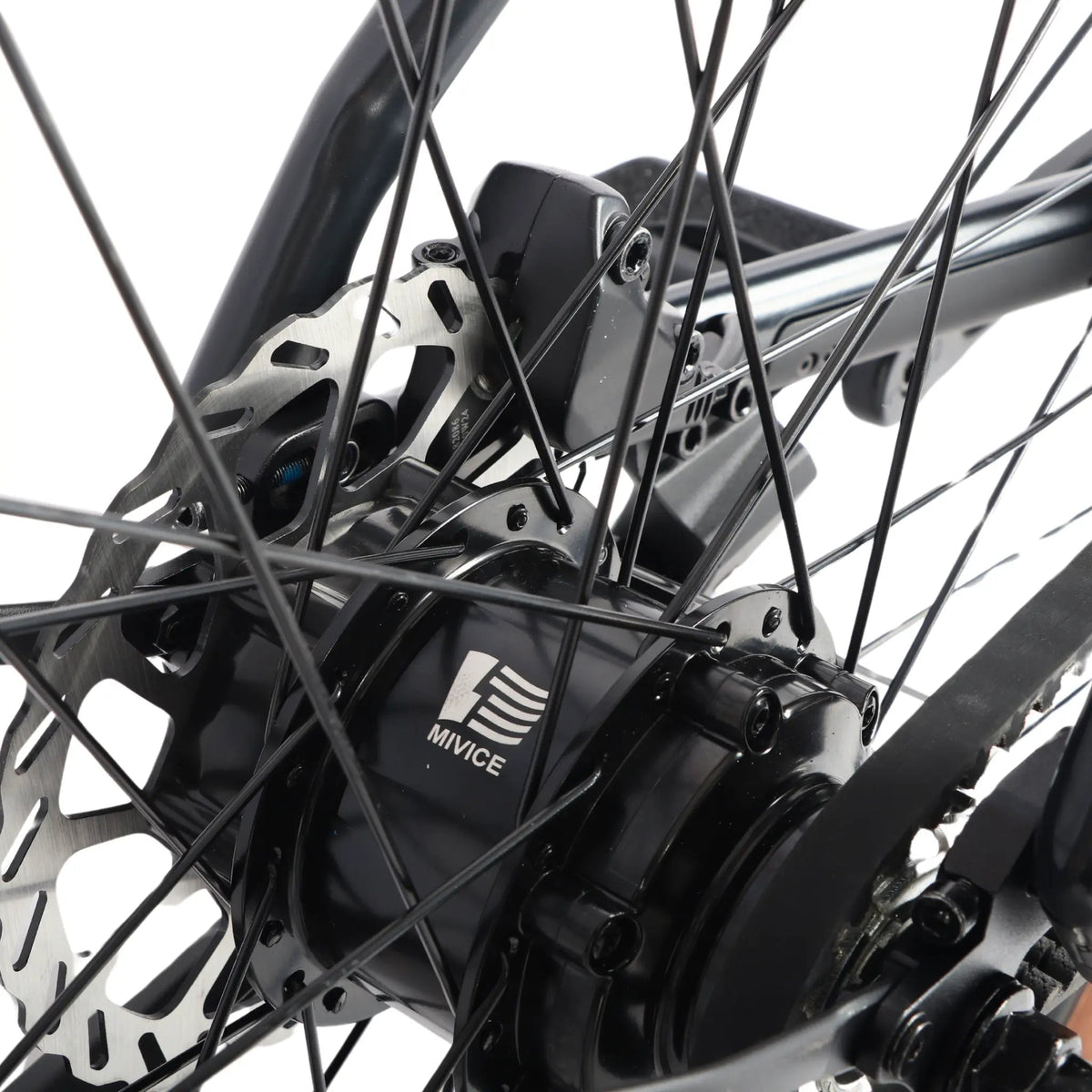 Ridewave Glide-B belt drive e-bike rear hub motor, disc brake and spokes detail