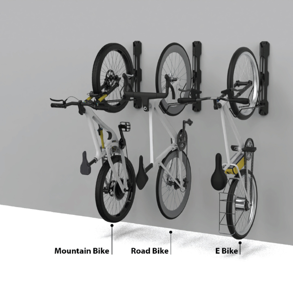 Skwiki Foldable Swivel Bike Wall Hanger in black, folded against a wall