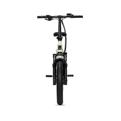 Ridewave Miniwave folding e-bike front view showing wide fat tyres