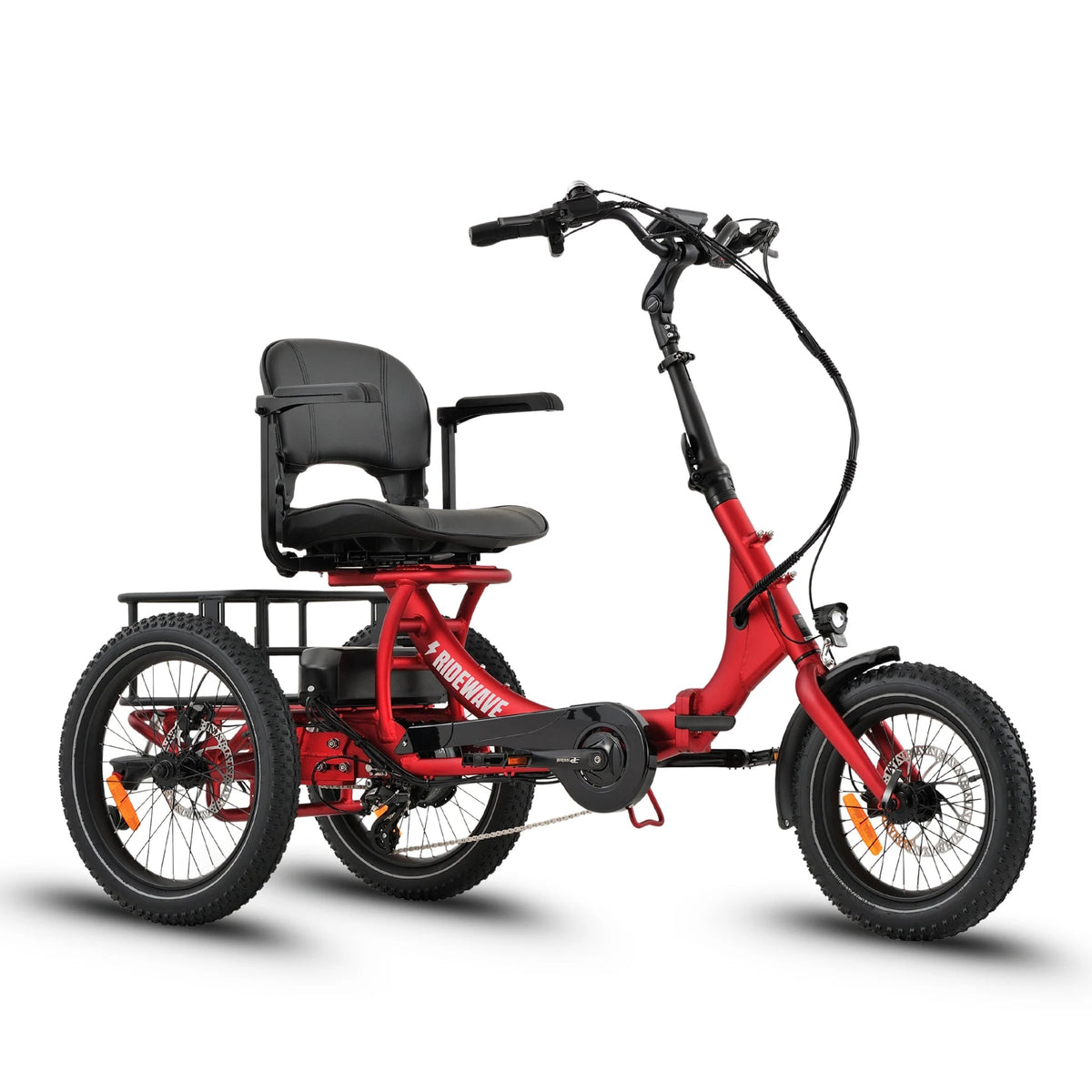 Ridewave Platypus electric trike red, three-quarter view
