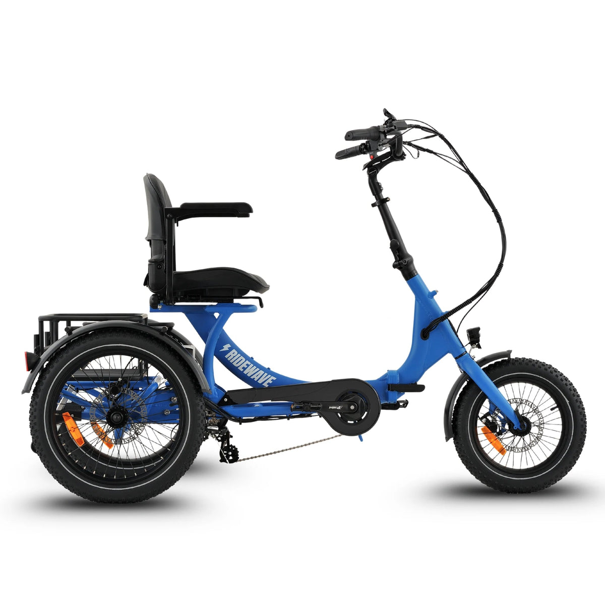 Ridewave Platypus semi-recumbent folding electric trike in sky blue, side view with rear cargo basket