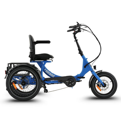 Ridewave Platypus semi-recumbent folding electric trike in sky blue, side view with rear cargo basket
