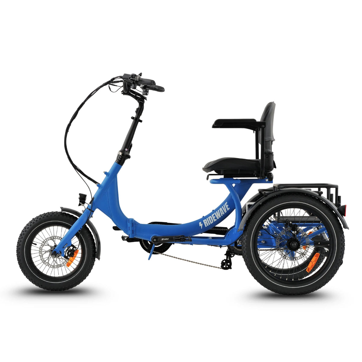 Ridewave Platypus electric trike sky blue, three-quarter side view