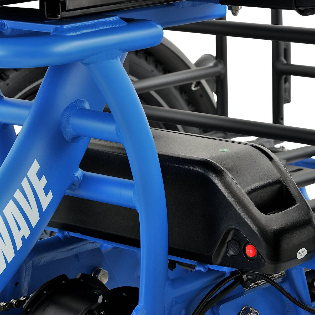 Ridewave Platypus electric trike frame and battery close-up