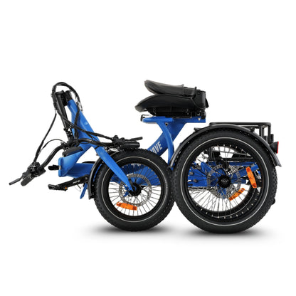 Ridewave Platypus electric trike folded for storage, side view