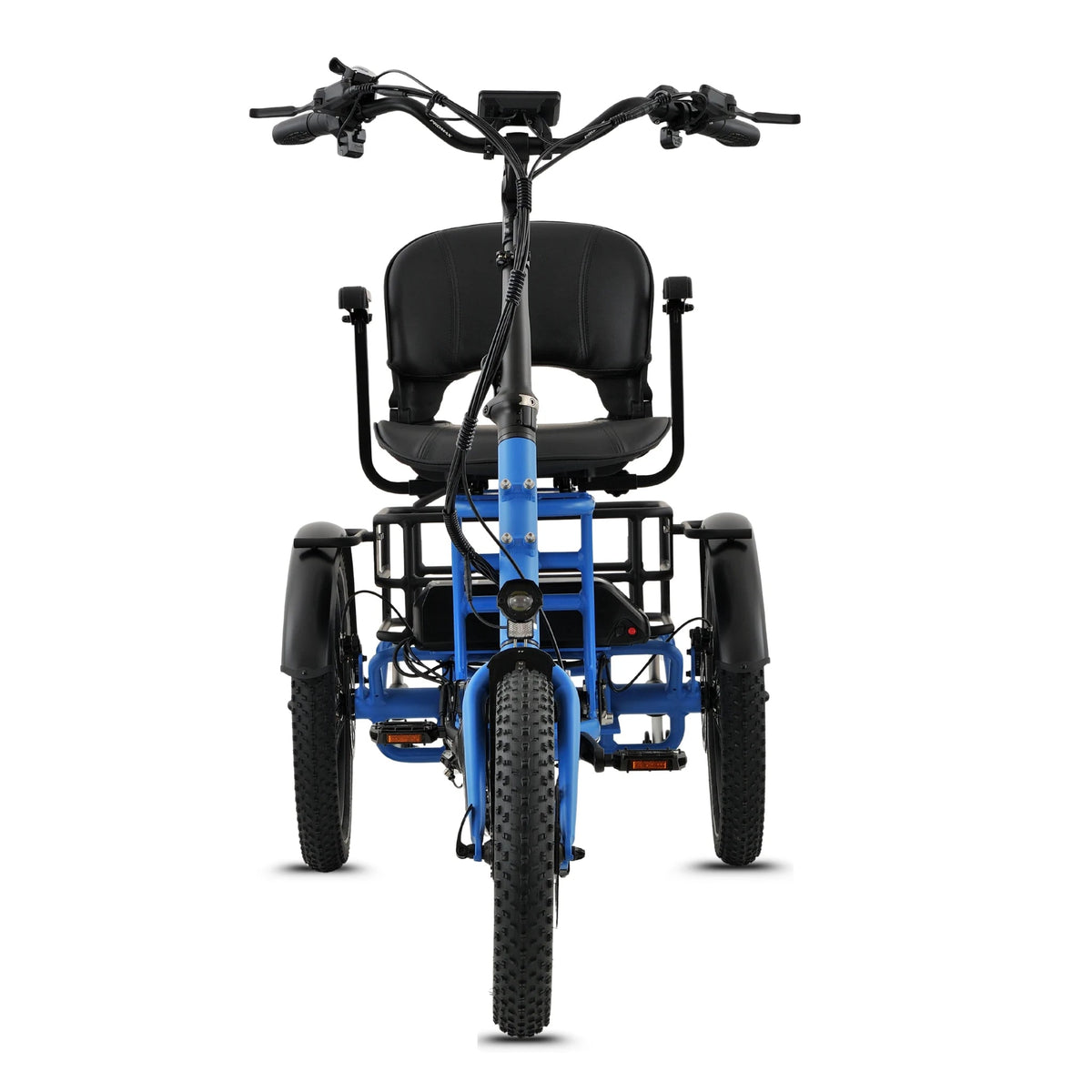 Ridewave Platypus electric trike front view with comfort seat and rear cargo basket