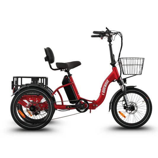 Ridewave Quokka folding electric trike in red, side view with front basket and rear cargo basket