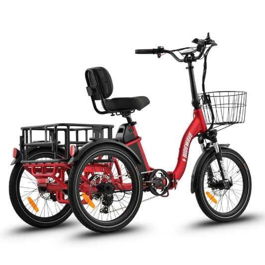 Ridewave Quokka electric trike red, three-quarter front view